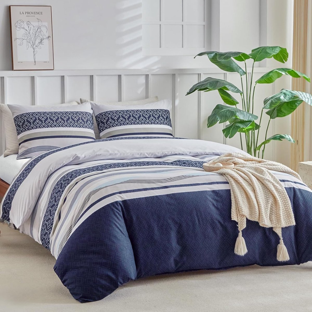 SnelShoppen - Boho Style Dekbedovertrekset 220 x 240 cm, 3-delige Microfiber Duvet Cover Set met 2 Kussenslopen 80 x 80 cm, Blauw/Wit, Perfect voor Sl
