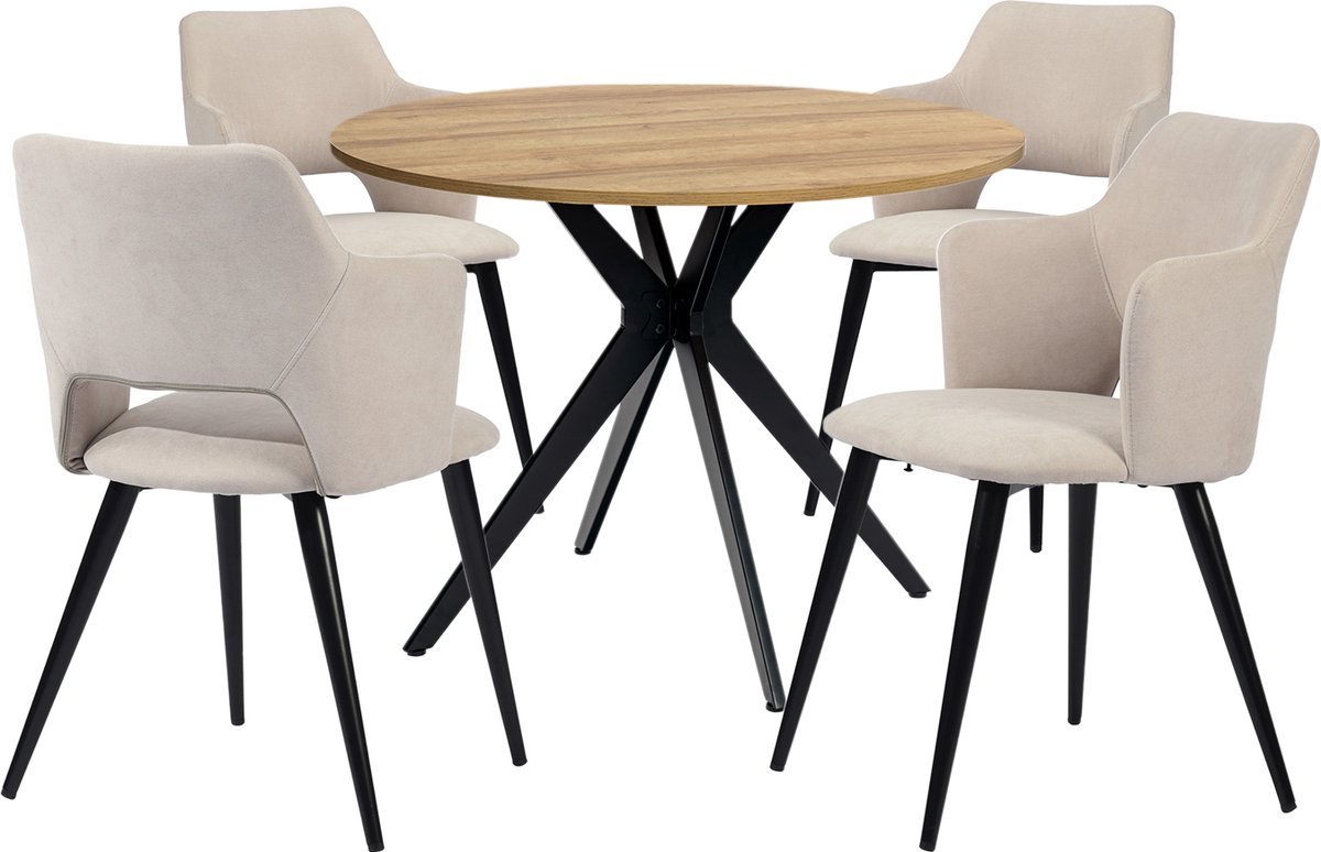 Eethoek - Ronde Eikenlook Tafel Met 4 Gestoffeerde Stoelen - Beige