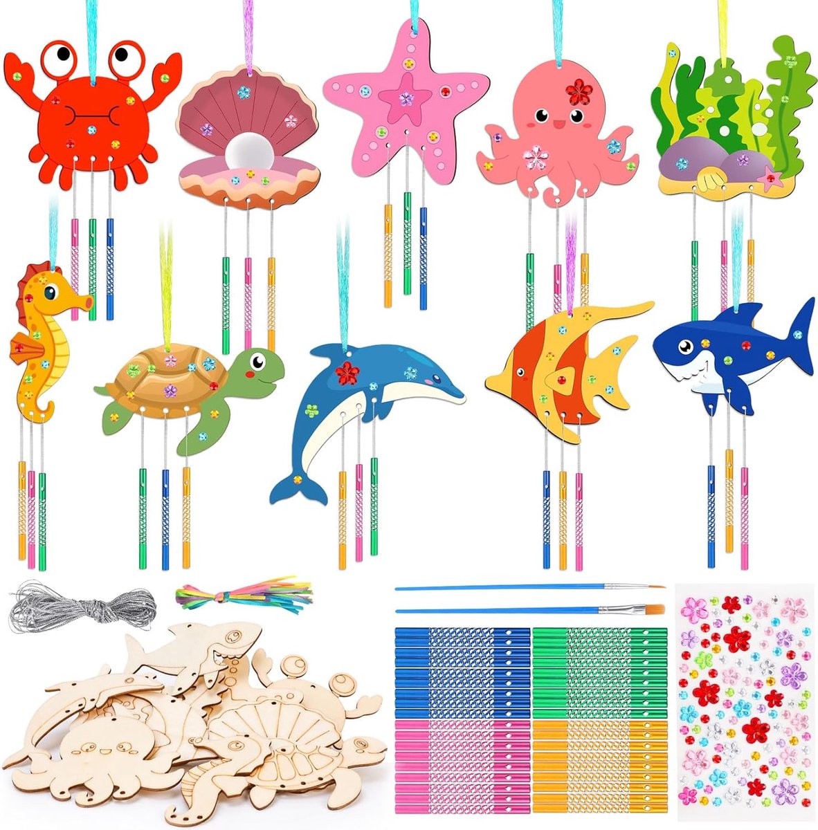 Thijox - 10-delige houten windgongen set voor kinderen, zeedieren knutselset, DIY schilderset, kleurrijke zomerdecoratie, cadeau-idee voor verjaardage