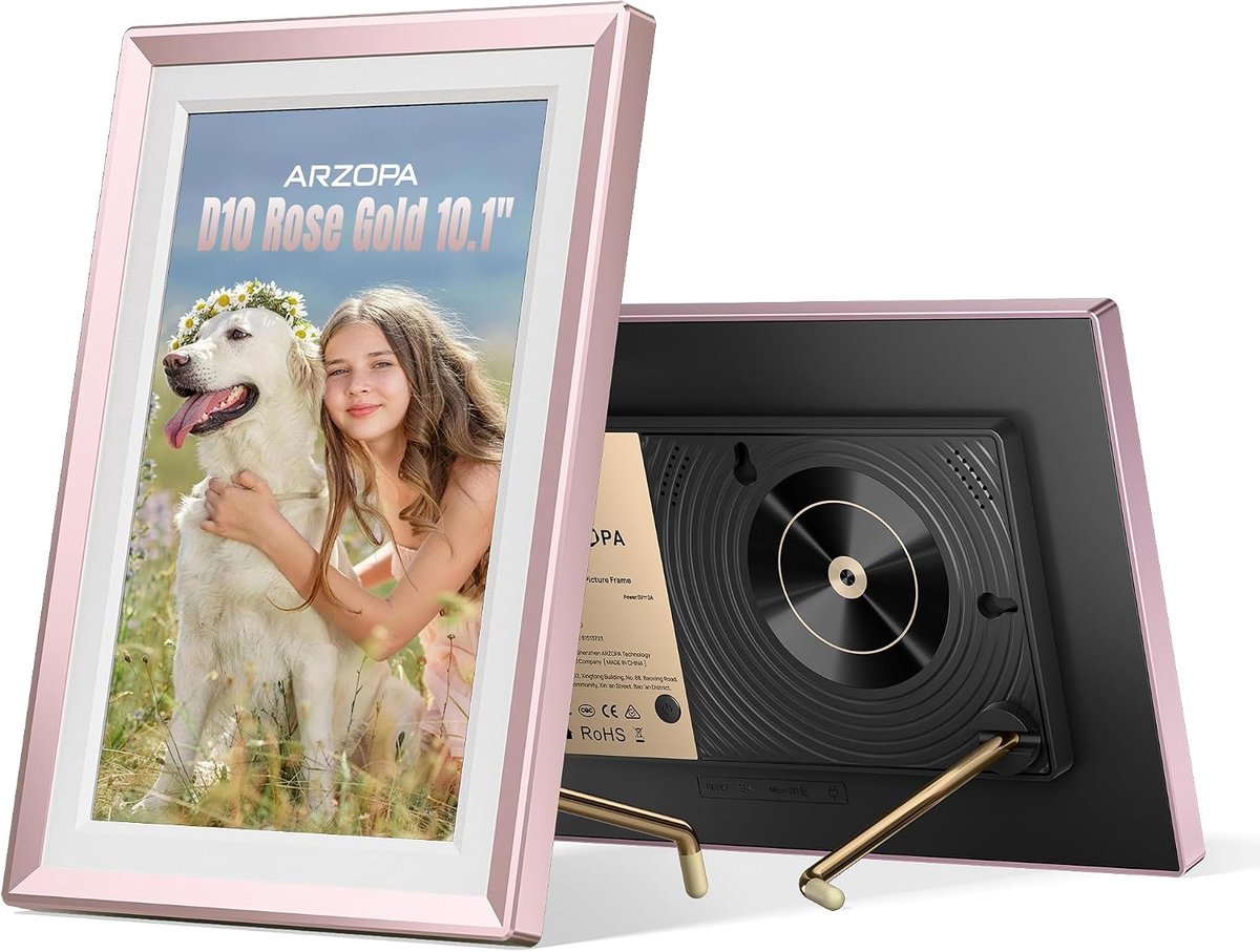 SnelShoppen - ARZOPA Digitale Fotolijst 10.1 inch met WiFi, Gratis Cloud Opslag, HD Touchscreen, Ideaal als Persoonlijk Cadeau, Elegante Roze Goud Des