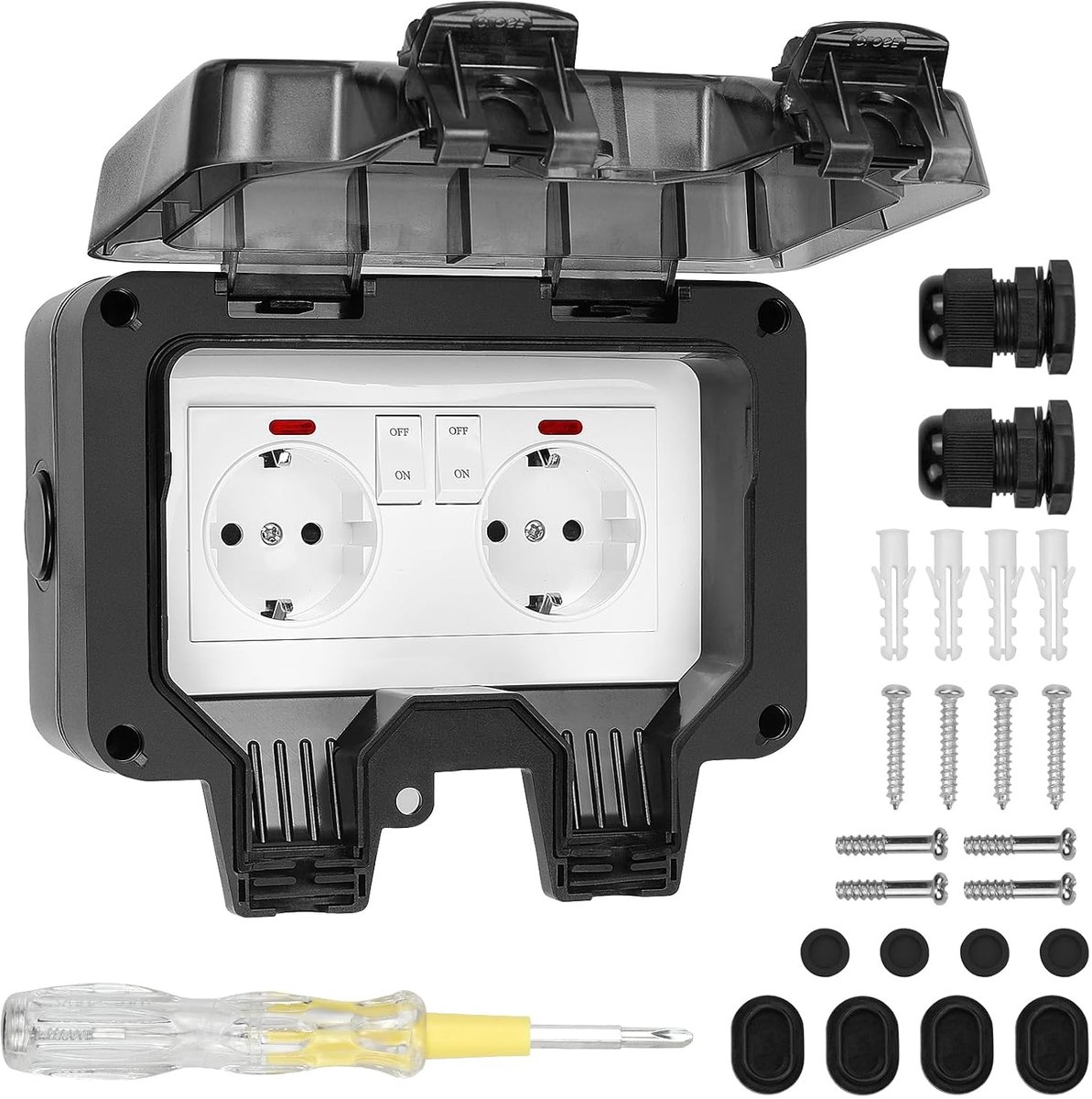 SnelShoppen - 2-way outdoor socket met kabelconnector en scharnierend deksel, IP66 waterdicht en stofdicht, tuinstekker voor keuken, badkamer, garage,