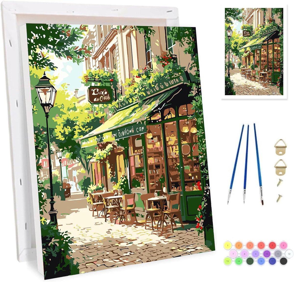 SnelShoppen - Paint by Numbers voor Volwassenen - Eenvoudige Straat Café Schilderij Kit met Canvas, Houten Easel, 3 Penseelsets en Acrylverf - DIY Kle