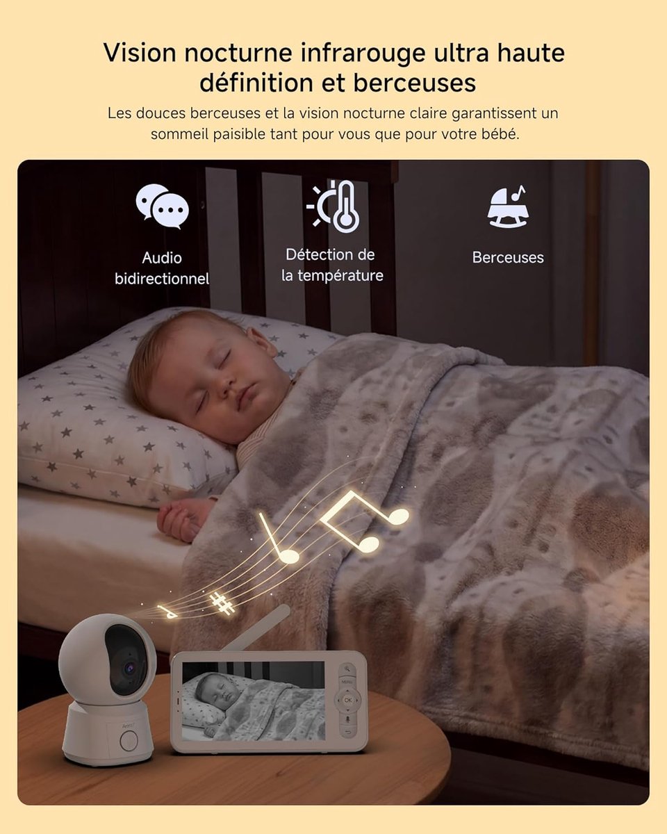 Thijox - ARENTI 1080p PTZ Video-Babyfoon met Camera, 5 Inch Display, Temperatuursensor, 2-Weg Audio, Nachtzicht, Slaapliedjes, en Automatische Trackin thumbnail 2