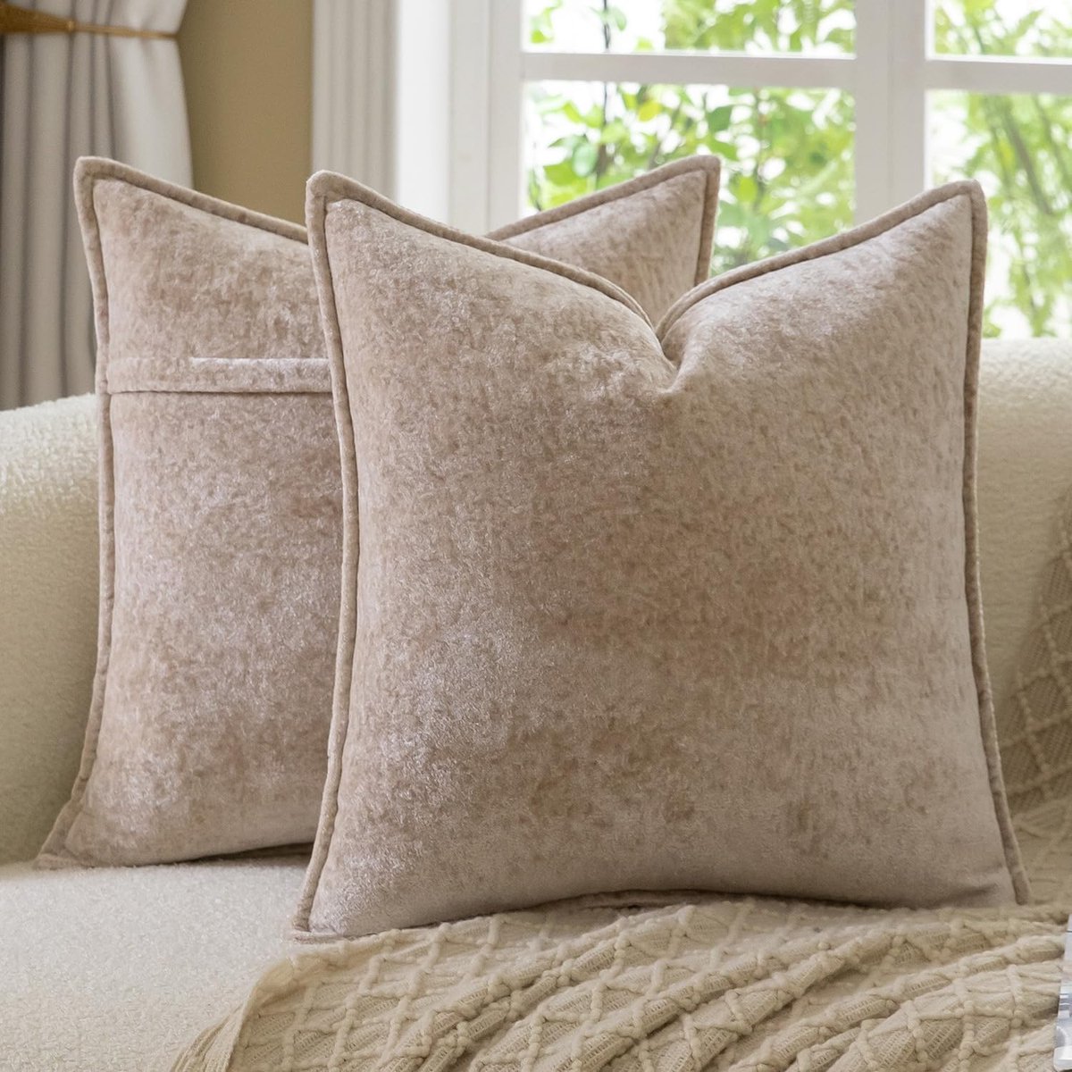 SnelShoppen - Set van 2 Vintage Kussenslopen 45x45cm - Taupe Plaid Chenille Kussenhoezen voor Sofa, Slaapkamer en Woonkamer - Boho Farmhouse Decoratie