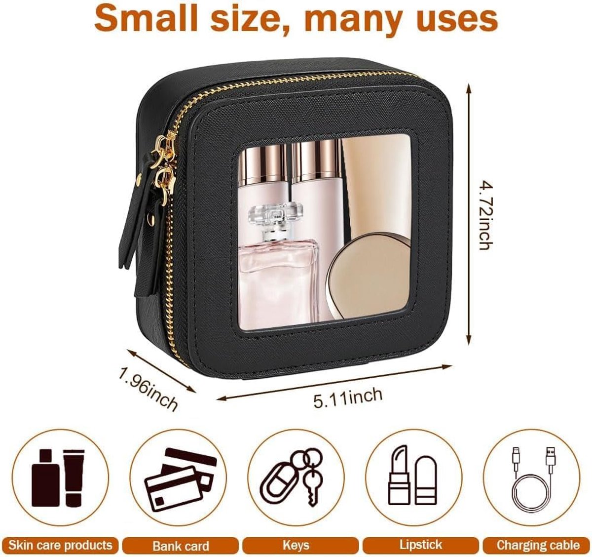 SnelShoppen - Transparante Vierkante Makeup Tas - Compact Elegante Kosmetica Organizer voor Vrouwen - Zwart Minimalistisch - Perfect voor Reizen, Fees