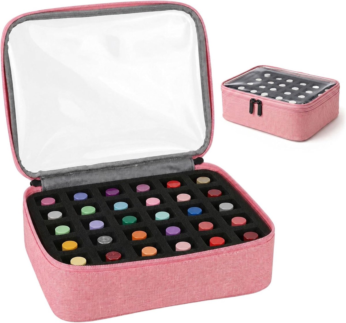 SnelShoppen - Nagellak Organizer met Schuimverdeler voor 30 Flessen, Transparante Deksel en Ritsen, Compacte Opbergcase voor Essentiële Oliën, Roze Re