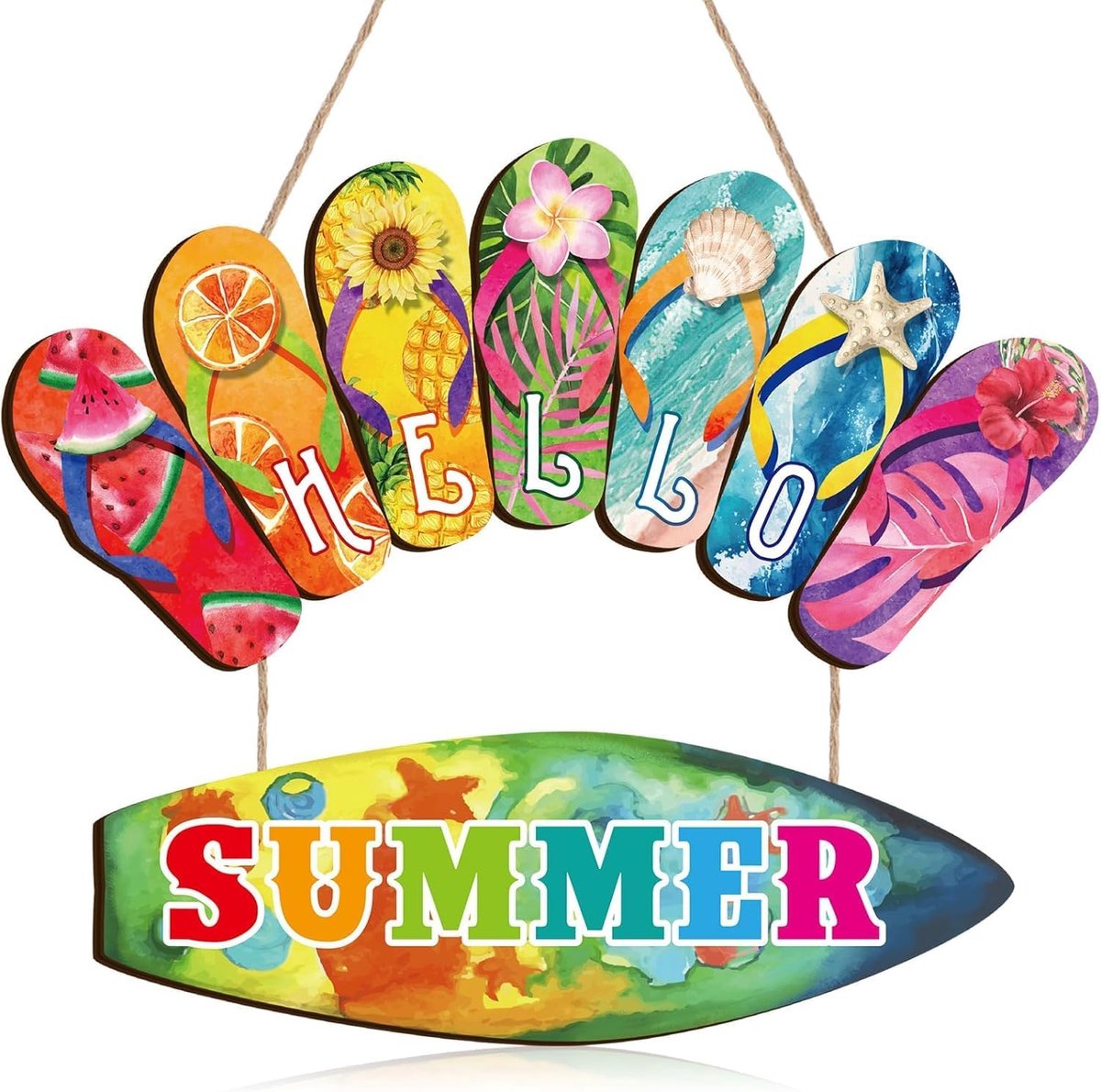SnelShoppen - Hello Summer Hangende Deurdecoratie - Houten Borden met Flip Flops - Zomerdecoratie voor Binnen, Buiten, Tuin en Feestjes - Weerbestendi