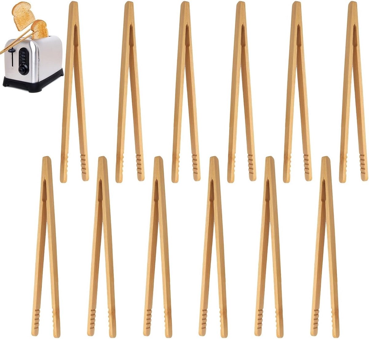 Herbruikbare Houten Broodtangen Set van 12, 18 cm, Perfect voor Bakken, Toast, Fruit en Pickles