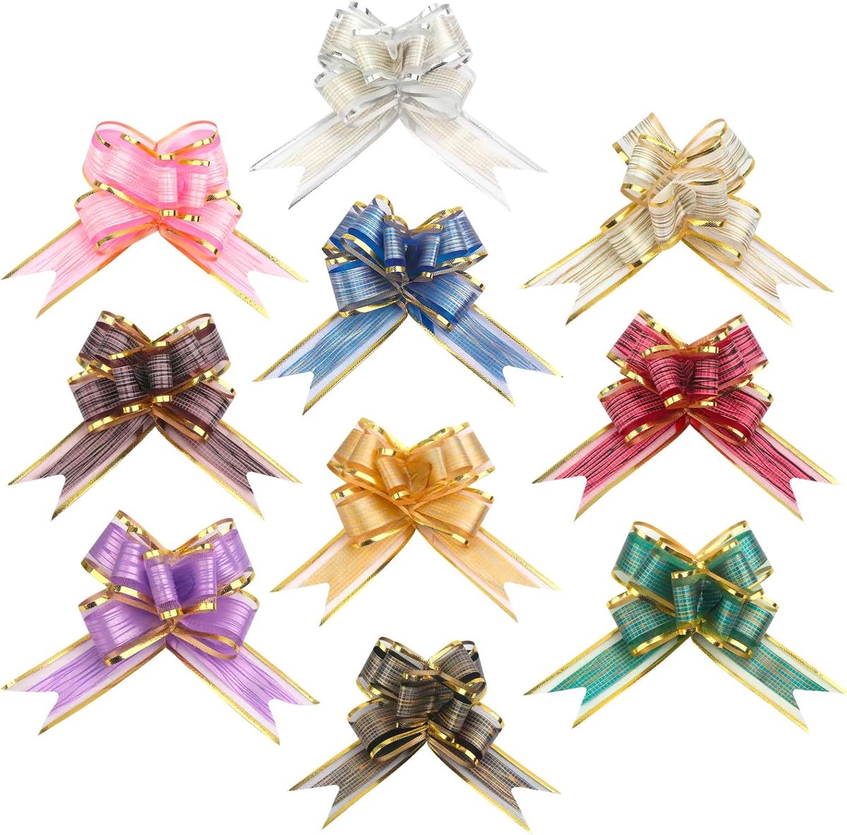 Thijox - Geschenkstrikken groot, 10 stuks met geschenklint goud, decoratiestrikken voor verpakken, bruiloften, verjaardagen, Kerstmis - 75 x 5 cm en 1