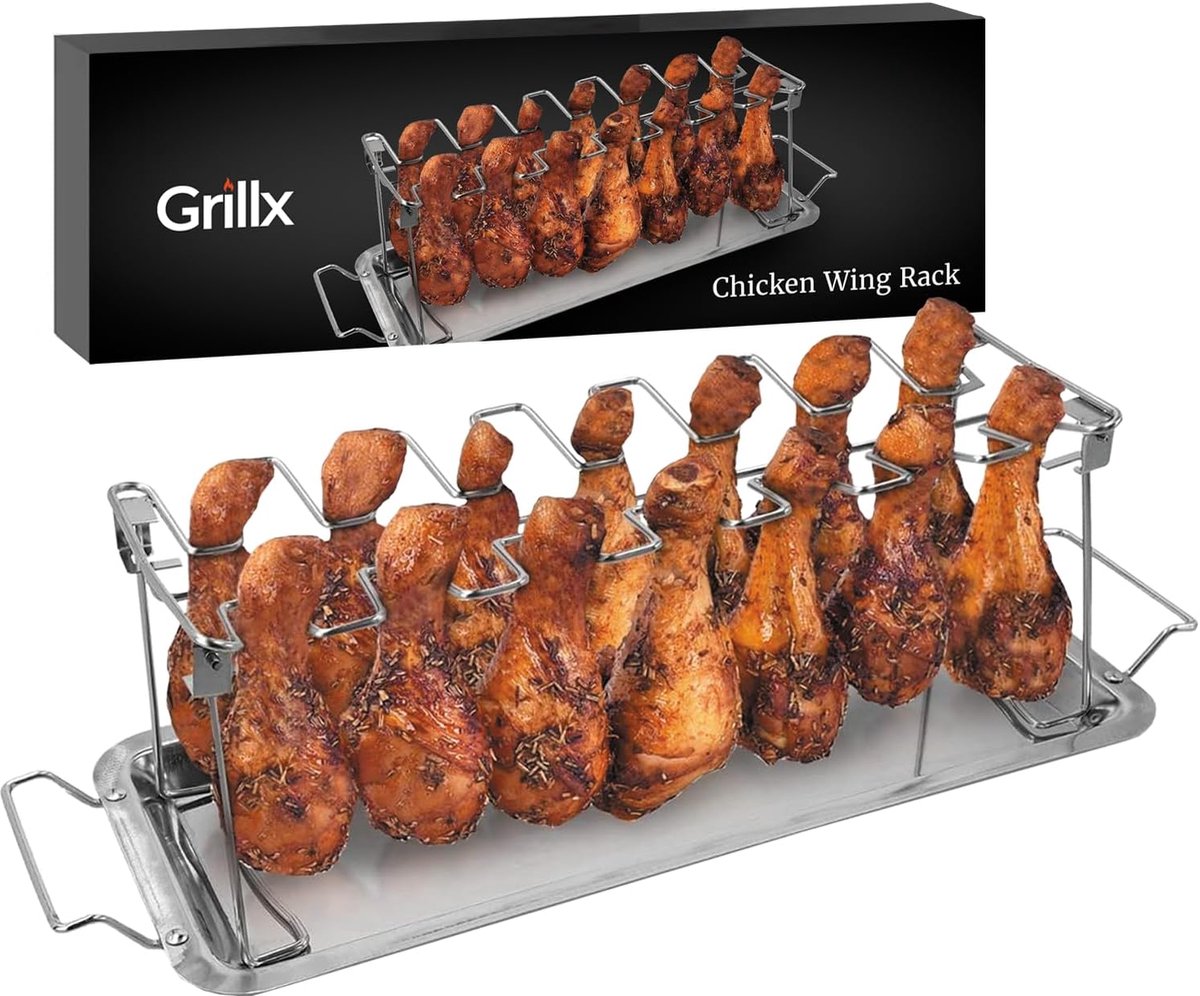 SnelShoppen - GrillX Chicken Wing Holder - Chickenhouder voor BBQ & Oven - RVS - Geschikt voor 14 Kippenpootjes - Kamado BBQ Accessoires - Vaatwasserb