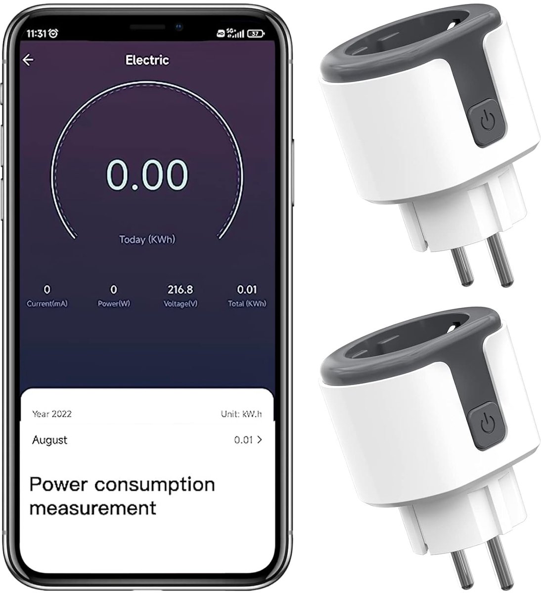 SnelShoppen - Smart Smart Socket 2 Stuks, Slimme Wi-Fi Stekker met Spraakbesturing, Timer, Vermogensmeting, App Afstandsbediening, Compatibel met Alex