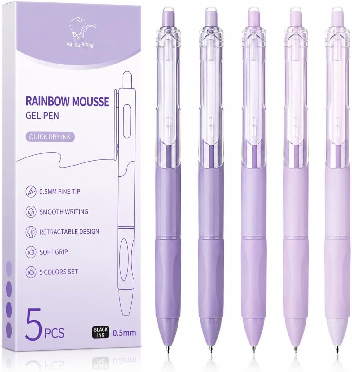 SnelShoppen - 5 Stuks Gelpennen Paars Gradatie, Retractable Gelpennen met Clip, 0.5mm Fijne Punt Zwarte Inkt, Stijlvolle Pen Set voor Kantoor, School,