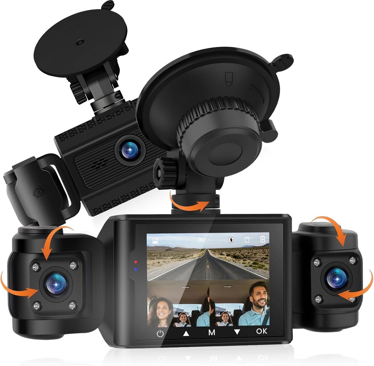 Thijox - 3-Kanaals Dashcam met 64GB SD-kaart - 1080P Full HD, 2.4" IPS-scherm, Draaibare Lens, Nachtzicht, Loopopname & Bewegingsdetectie voor Auto en