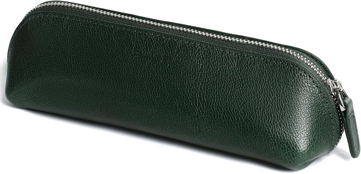 SnelShoppen - Vintage Groene Leren Pennenhouder met Robuuste Metaalrits, Ergonomische Driehoekige Vorm, Perfect voor Studeren, Werk en School