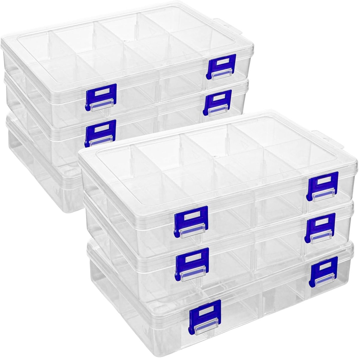 Thijox - 6 Stuks Sorteerdozen voor Kleine Onderdelen - Transparante Opbergdozen met 8 Verstelbare Vakken - 20 x 13,5 x 4,5 cm - Plastic Dozen voor Kra