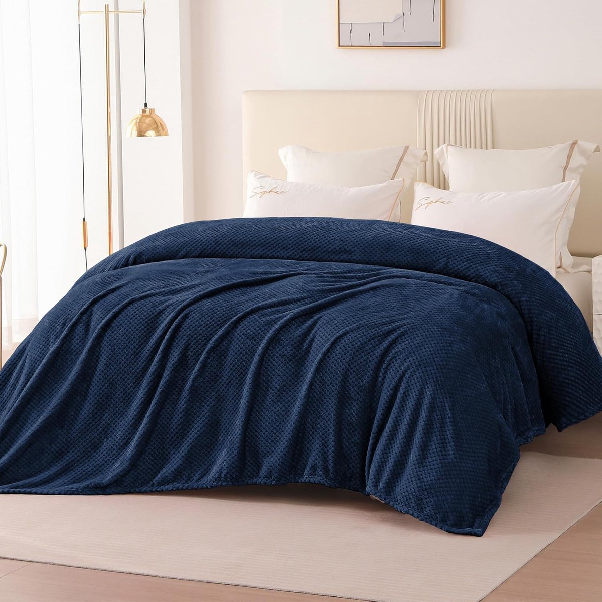 SnelShoppen - Cuddly Fleece Dekentje 220x240cm - Zacht en Warm Wafelpatroon - Navy Blauw Sofadeken voor TV Avonden en Bescherming van Meubels