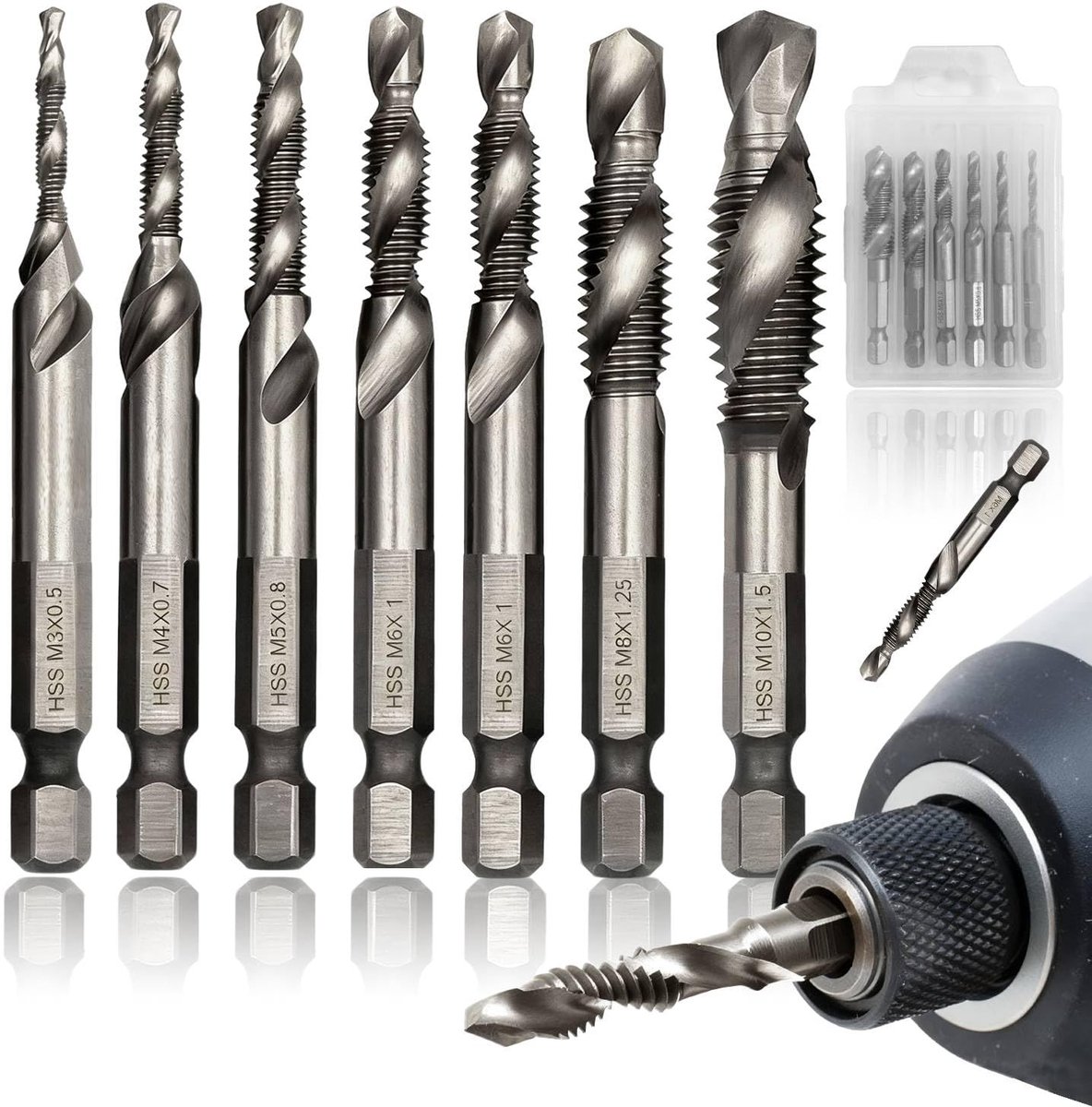 SnelShoppen - HSS Combi Metaaldruipboor 2-in-1 Hex Shank Boor- en Draadset voor Metaal, Hout en Kunststof, 7 Stuks, Diverse Maten (M3 t/m M10), Inclus