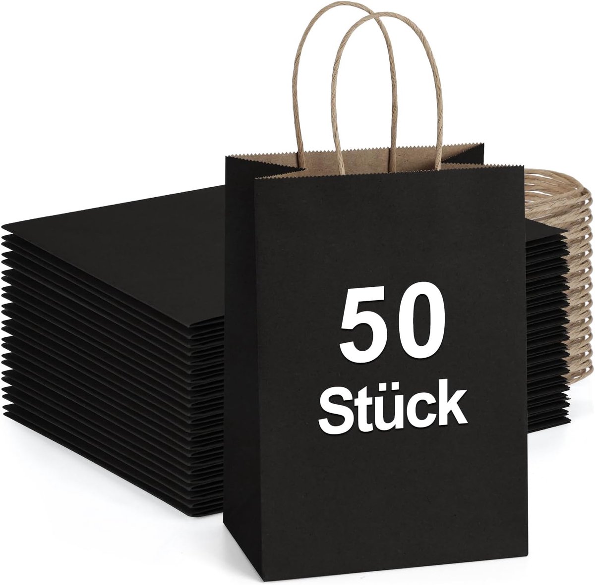 SnelShoppen - 50 Stuks Gerecycleerde Cadeautasjes met Handgrepen, Zwarte Kraftpapier Geschenktasjes voor Feestjes, Bruiloften, Valentijnsdag, 15x8x21