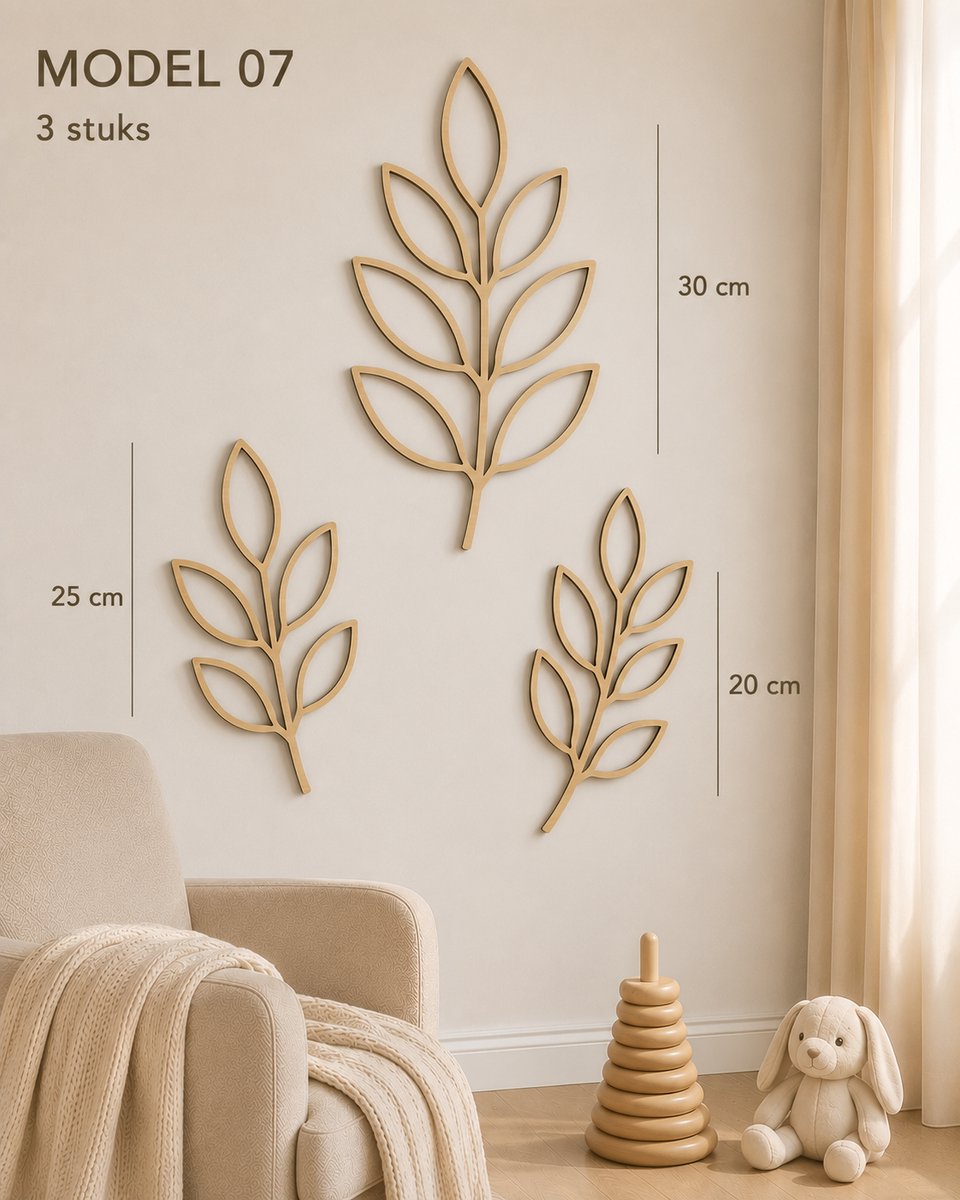 Houten Bladeren Wanddecoratie Babykamer – Set van 3 Bladeren – Scandinavische Kinderkamer Decoratie – Natuurlijk Berkenhout – 20, 25 en 30 cm