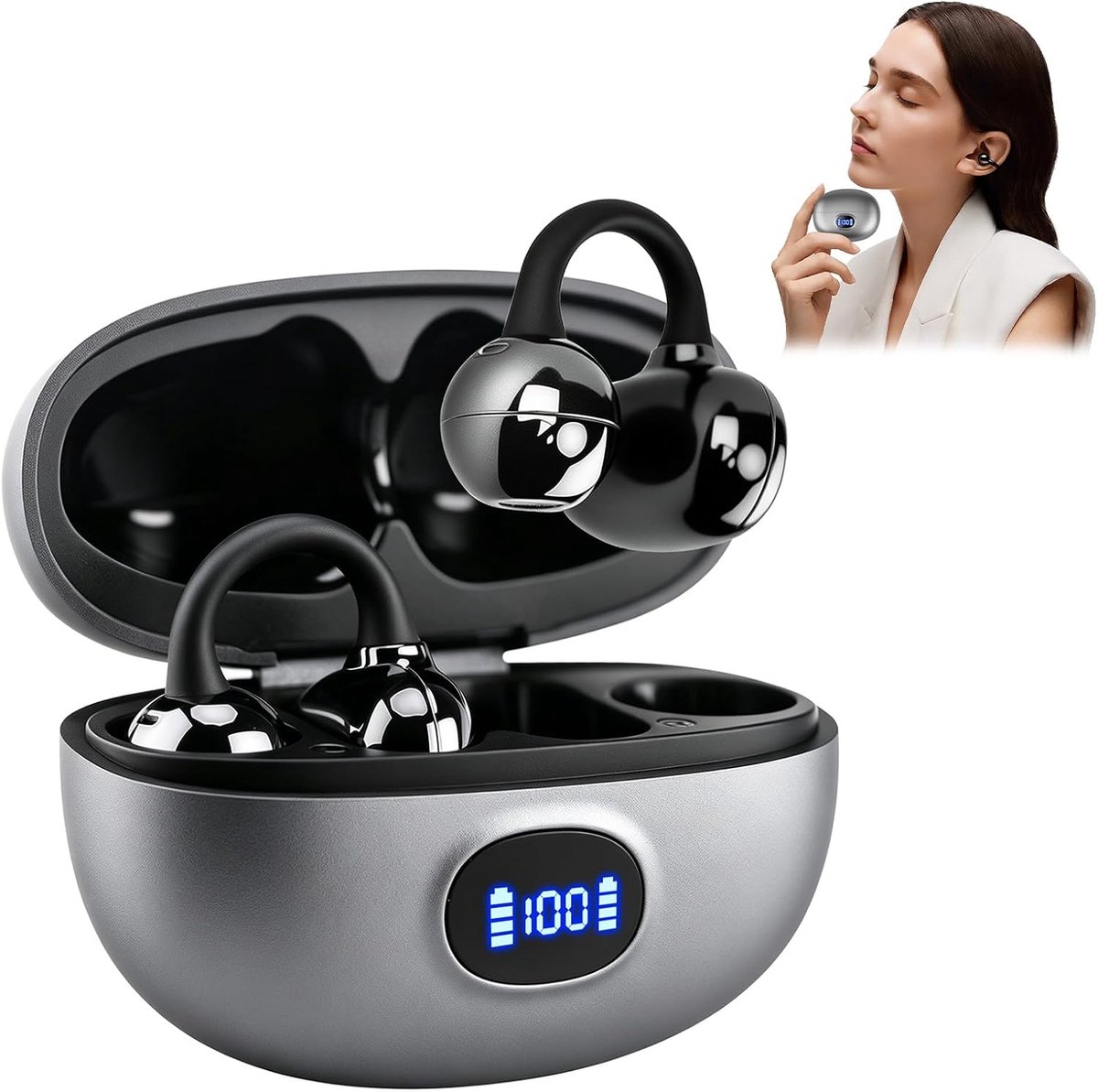 SnelShoppen - Draadloze Bluetooth-hoofdtelefoon met Botgeleiding, Ruisonderdrukking, Waterdicht, Lichtgewicht Clip, LED-display - Voor Sport, Hardlope