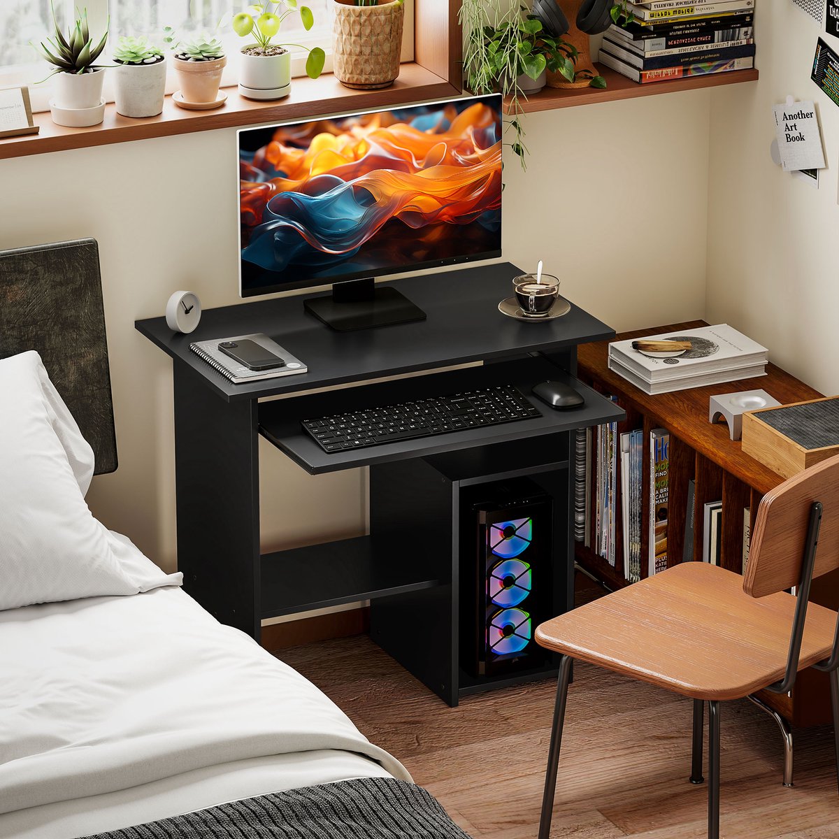 DESMIU Computerbureau - Compact Bureau Met Uittrekbare Toetsenbordlade En Open Vakken - Voor Kantoor En Werkkamer - Zwart - 80 x 45 x 75 cm