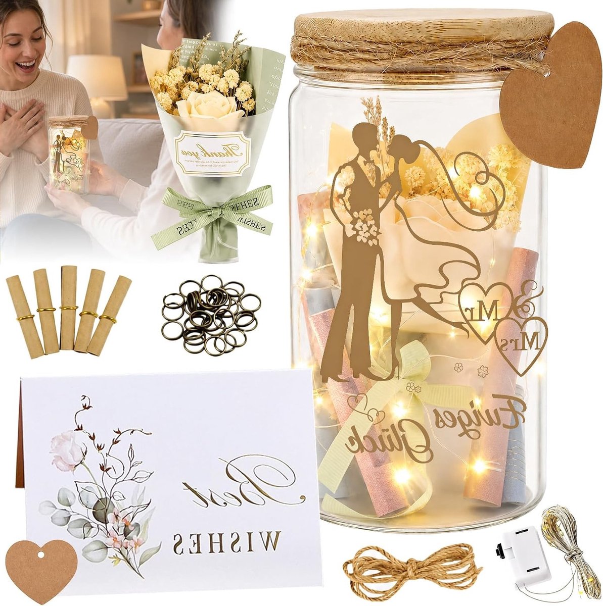 Verjaardagscadeau voor vrouwen: unieke spaarpot met gedroogde bloemen, ledlamp en persoonlijke kaarten voor een speciaal geschenk