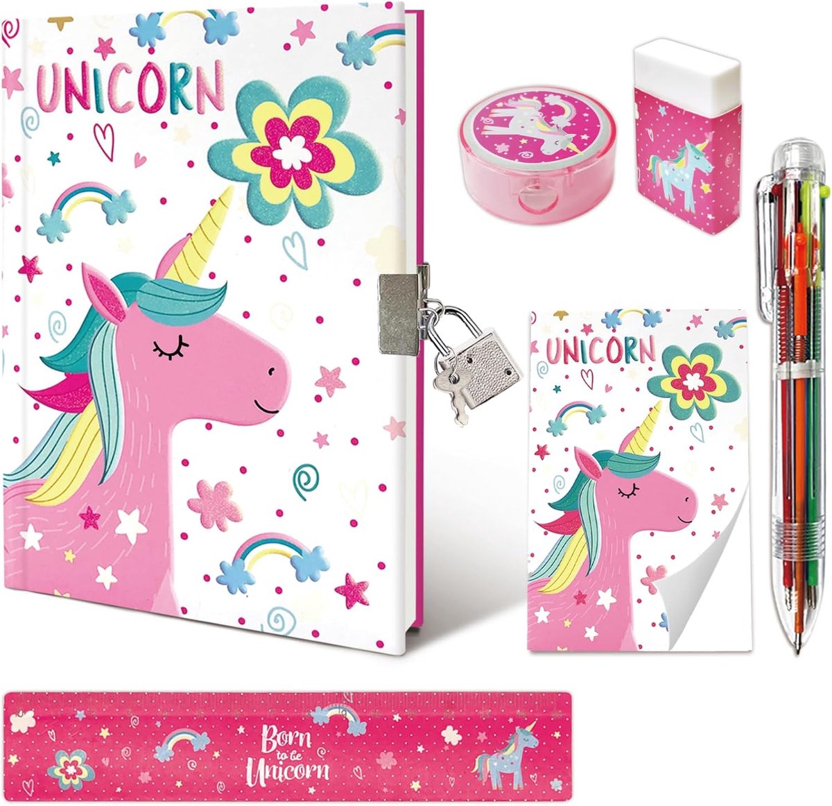 SnelShoppen - Unicorn Dagboek met Slot voor Meisjes, Hardcover Notitieboek Set 17.7x13cm, Inclusief Glitter Pen, Mini Notitieboek, Liniaal, Scherper e