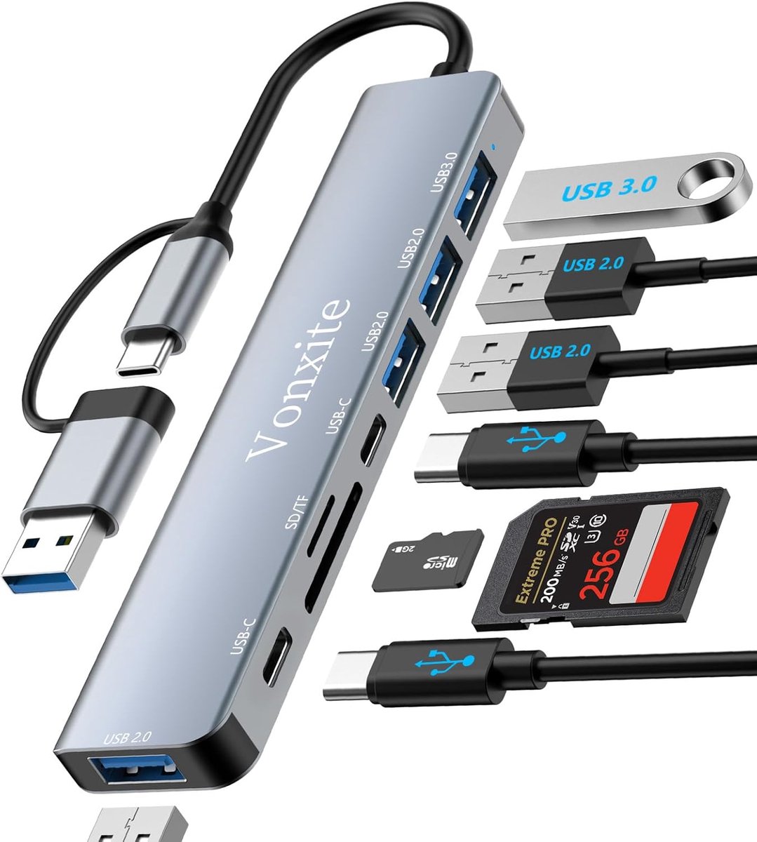 SnelShoppen - 8-in-1 USB-hub met SD- en TF-kaartlezer, USB-C, HDMI, Ethernet, opladen, multifunctioneel, ideaal voor laptop, computer, thuis, kantoor,