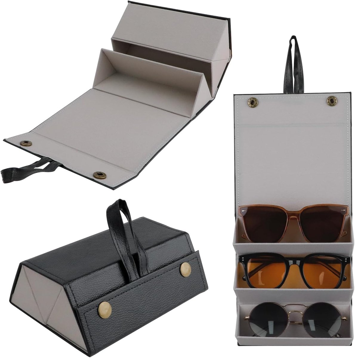 Thijox - Zonnebril Organizer met 3 Slots - Opvouwbare Reisbril Case voor Meerdere Paren Brillen - Zwart - Ideaal voor Vakantie, Camping, en Thuisgebru