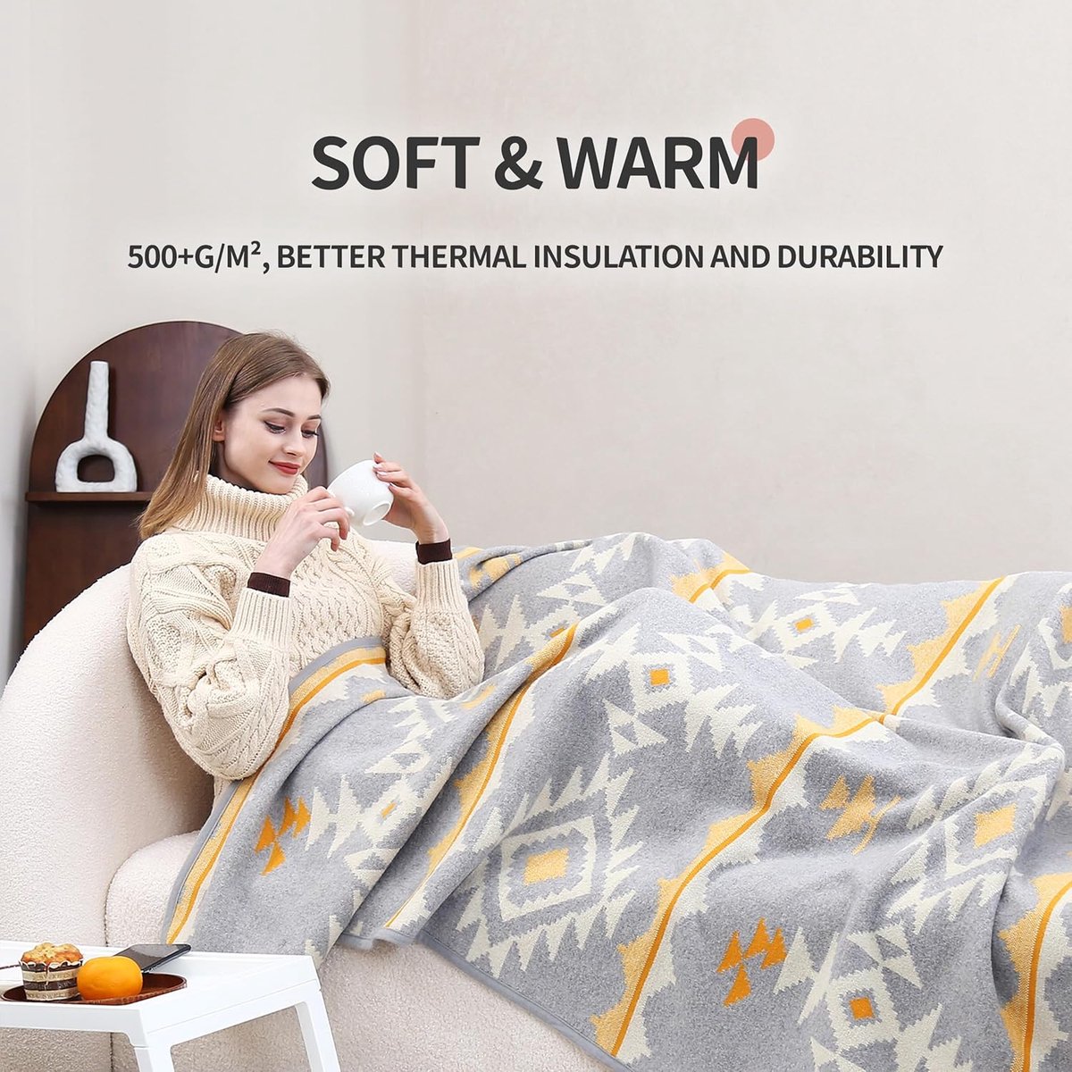 SnelShoppen - Merino Wol Camp Blanket - Warm, Dikke, Wasbare Grote Plaid - Perfect voor Buiten Camping Alle Seizoenen - Marokko Wit 200x160cm 1.7kg