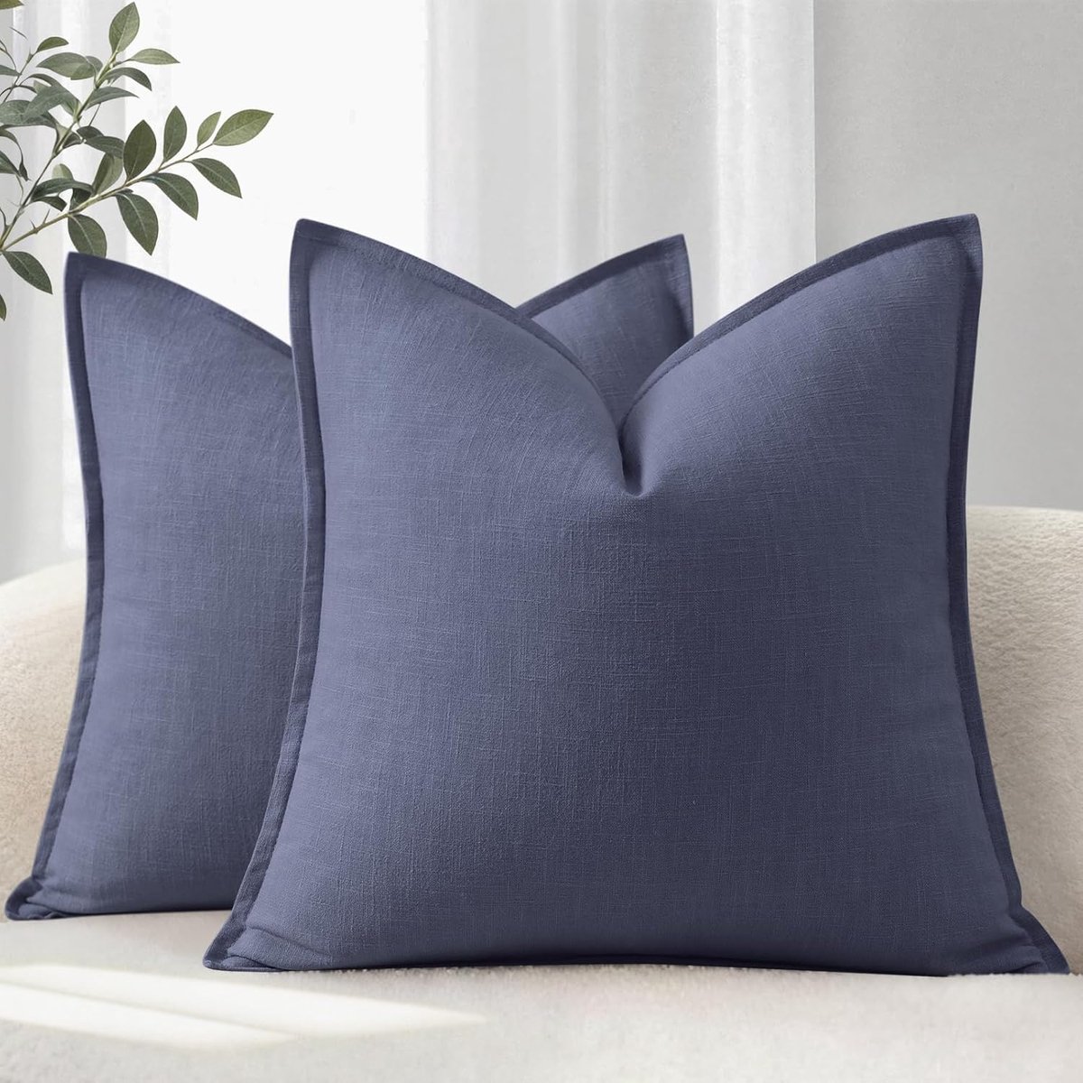 SnelShoppen - Set van 2 Zachte Natuur Linnen Kussenslopen 40 x 40 cm, Effen Blauw Kussenhoezen met Rand voor Bank, Bed en Woonkamer, Moderne Sierkusse