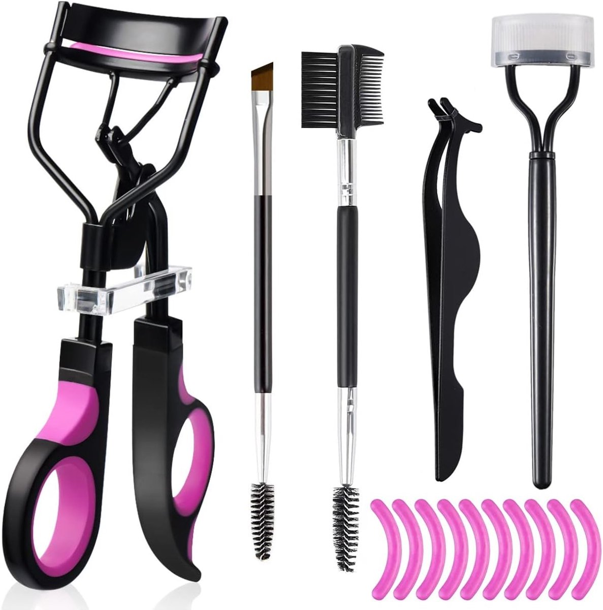Thijox - Wenkbrauwborstel Kit voor Vrouwen met Wimperkruller, Wimperkam, Mascara Borstels, Wimperverlengpincet, Hoekige Wenkbrauwborstel, 10 Siliconen