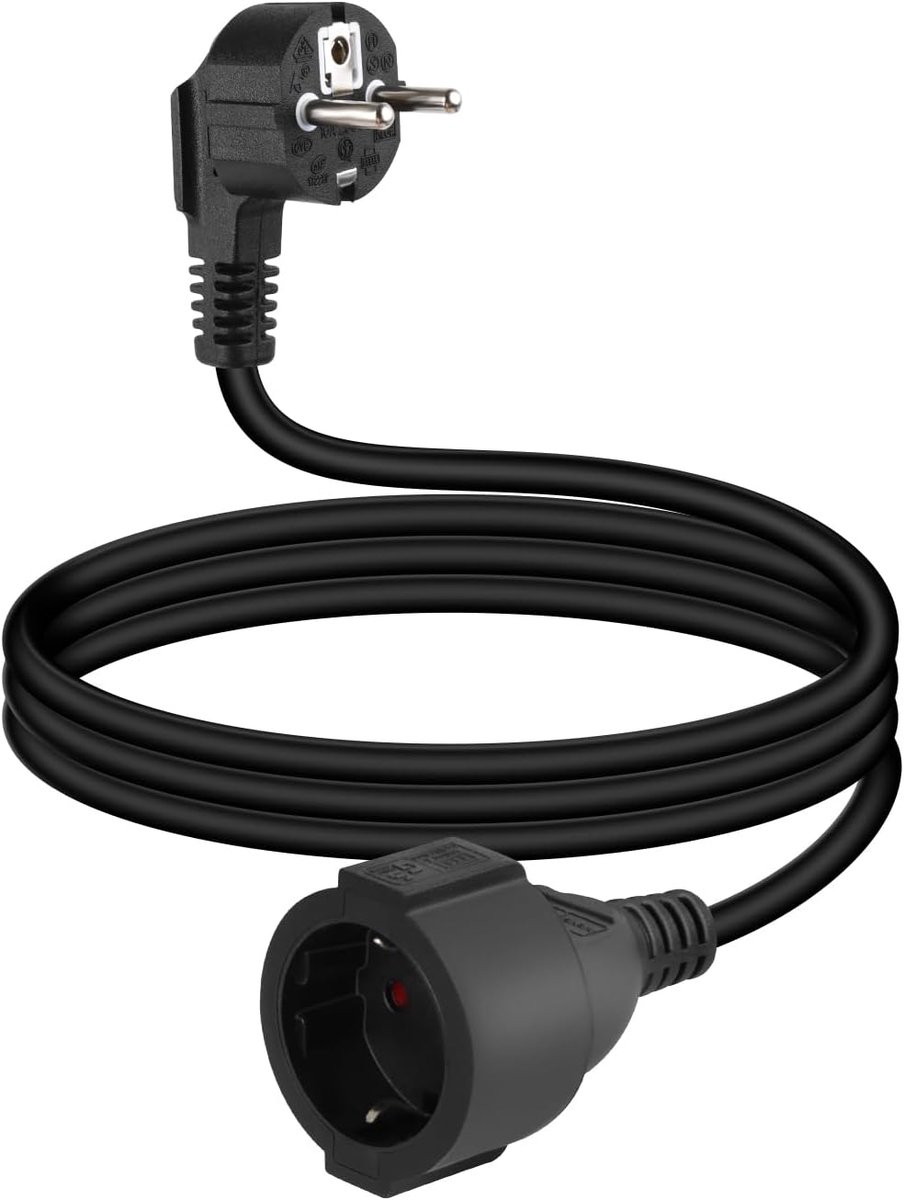 SnelShoppen - Schuko Verlengsnoer 90° Hoek Korte 3G1.5 mm² met Stekker en Bushing, Grondverbinding Zwart voor Thuis, Tuin, Camping, Keuken