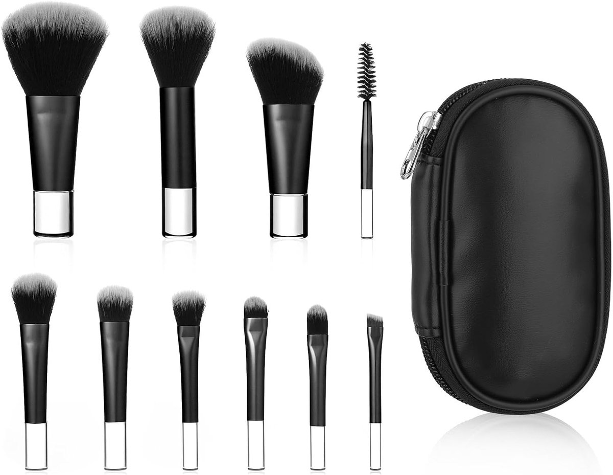 Thijox - 10-delige Reis Make-up Kwastenset met Tas, Draagbare Mini Schminkkwasten, Luxe Zwarte Cosmetica Borstels voor Foundation, Blush en Oogschaduw
