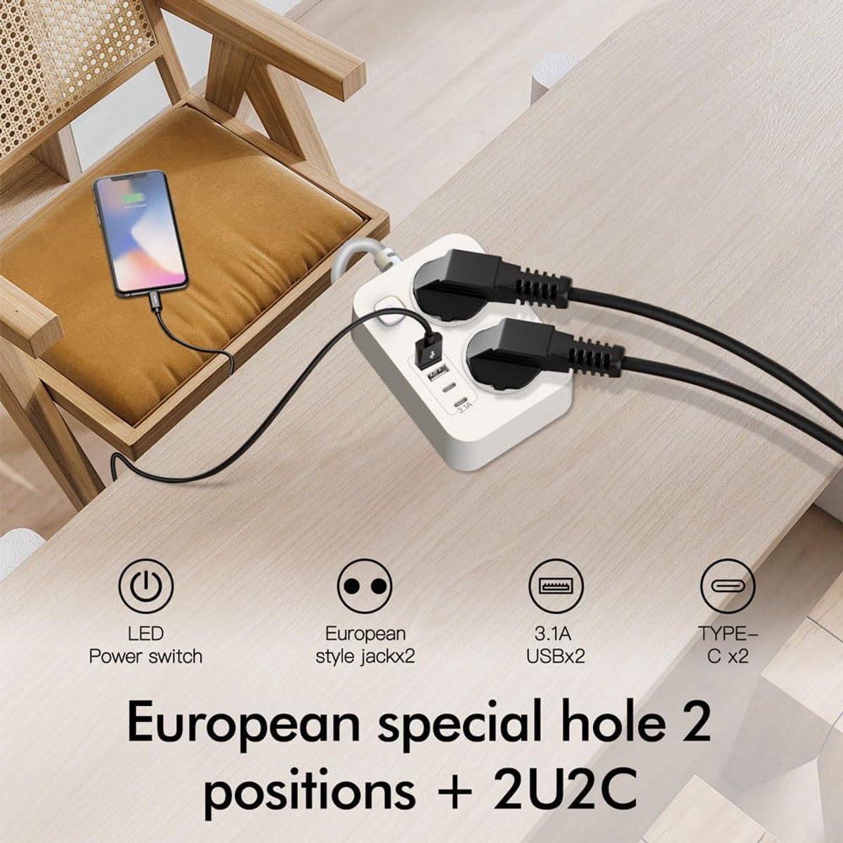 SnelShoppen - Stekkerdoos met Schakelaar, 6-in-1 Meervoudig Stopcontact met USB, 2 Geaarde Stopcontacten, 2 USB-C, 2 USB-A, 2m Verlengkabel, Overspann