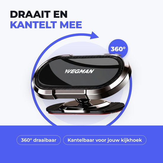 Een zwarte magnetische telefoonhouder met zilverkleurige accenten, die 360 graden kan draaien en kantelen. De tekst luidt "DRAAIT EN KANTELT MEE".