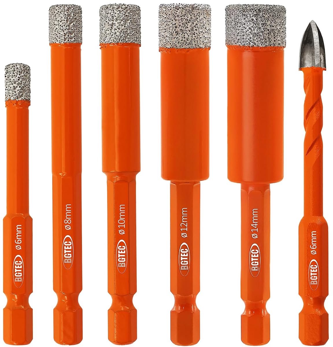 SnelShoppen - 5x Dry Diamond Boor Bits 6mm 8mm 10mm 12mm 14mm + Carbide Boor 6mm met Snelle Hex Shank voor Graniet Marmer Porselein Tegel Keramiek