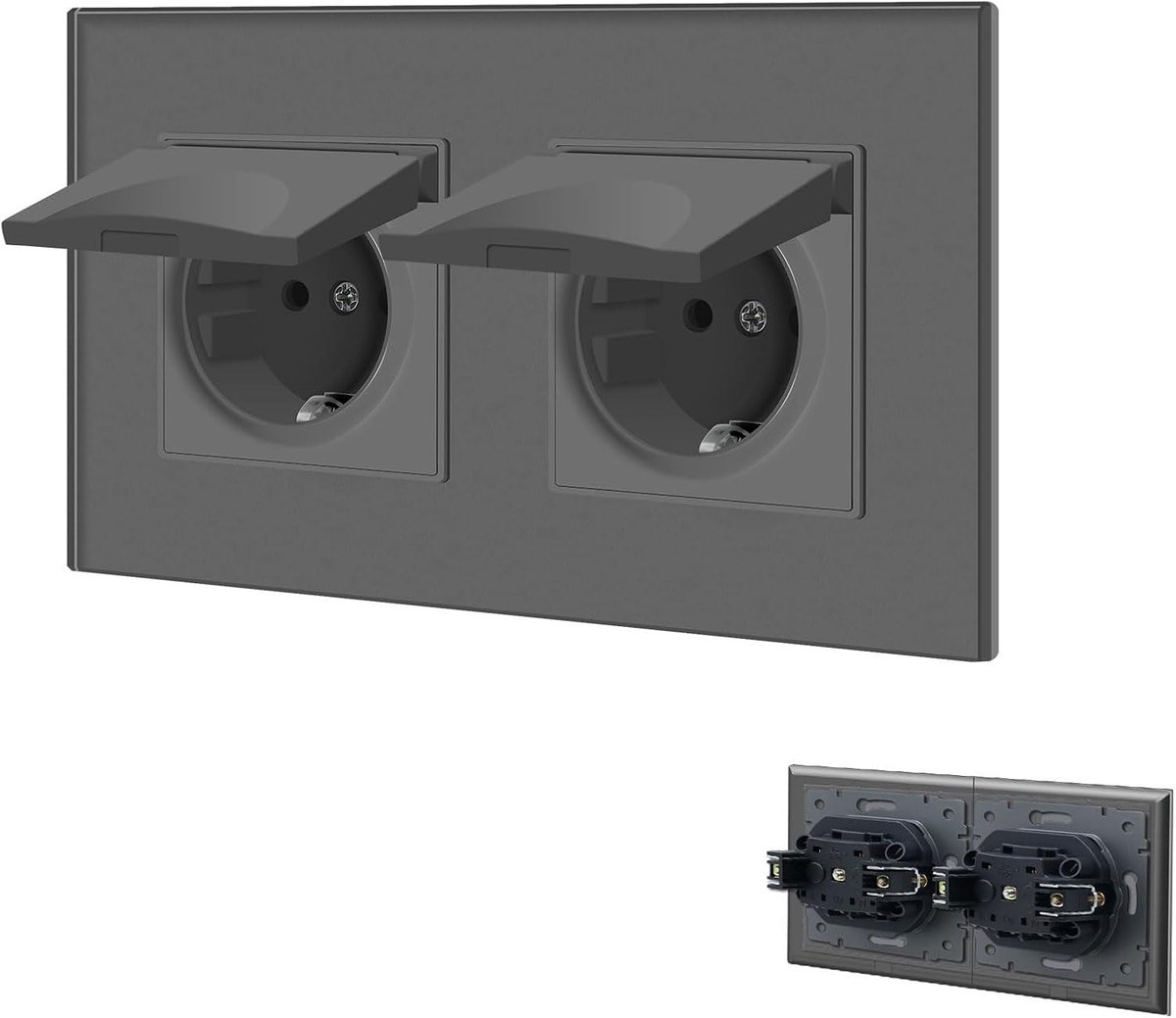SnelShoppen - Waterdichte 2-Weg Wandcontactdoos met Schuko Plug, Inbouw met Kristalglasplaat, 16A, 157 mm, Grijs - Ideaal voor Binnen en Buiten