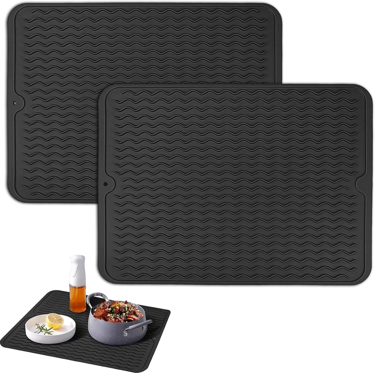 Thijox - Siliconen Afdruipmatten 40x30 cm - Hittebestendige Antislip Spoelmat voor Servies, Bestek en Gootsteen - 2 Stuks - Zwart - Ideaal voor Keuken