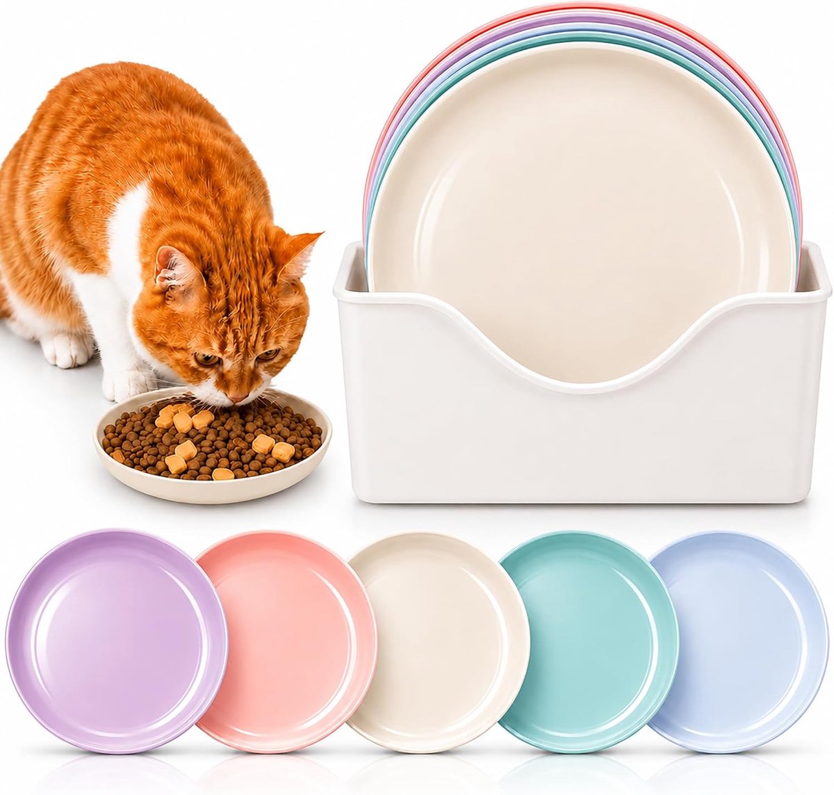 SnelShoppen - 10 Pcs Kattenschaal Set, Platte Kattenvoerbakken, Ronde Kattenborden, Kleurrijke Kattenvoer Set, Perfect voor Kittens en Korte Poten Kat