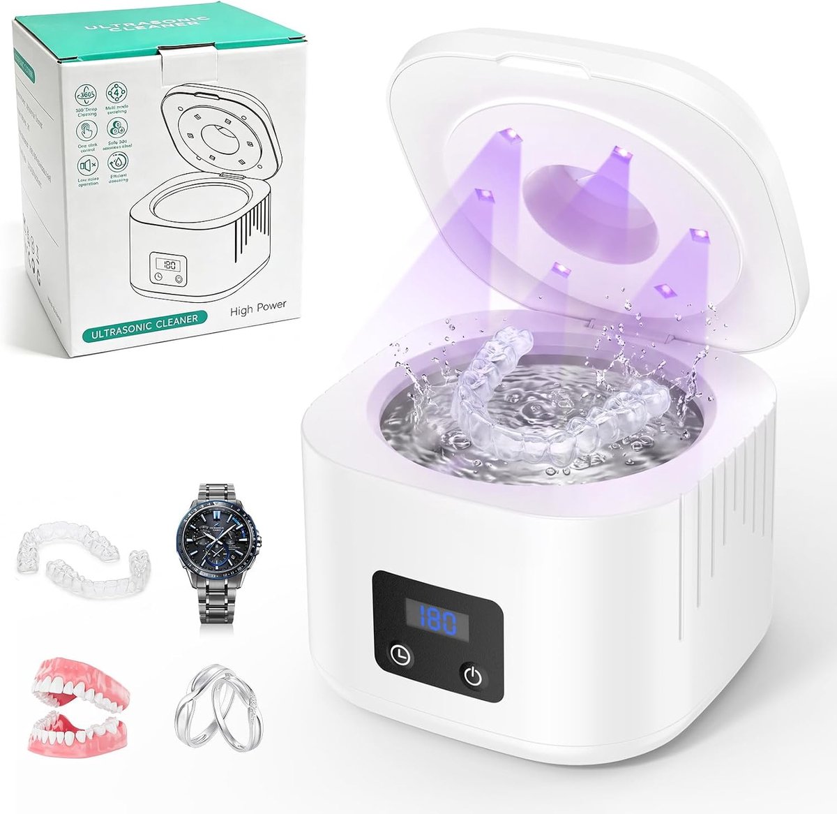 SnelShoppen - Ultrasoon Reinigingsapparaat 49 kHz voor Tandspalk, Prothesen en Sieraden, 340 ml Roestvrij Staal met 3 UV-Lampen, Ultrasone Bad voor Re
