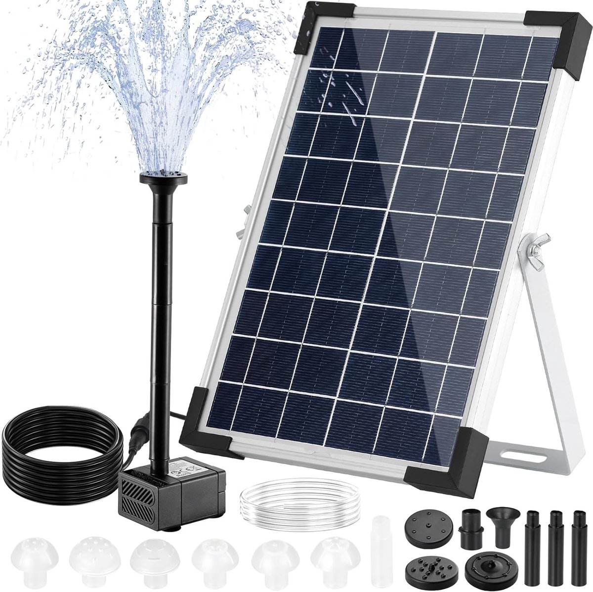 SnelShoppen - Solar Vijverpomp 5W, Zonnefontein voor Buiten met 1M Waterleiding, 9 Spuitmonden, 3.25 Meter Kabel, Ideaal voor Visvijvers, Kleine Vijve