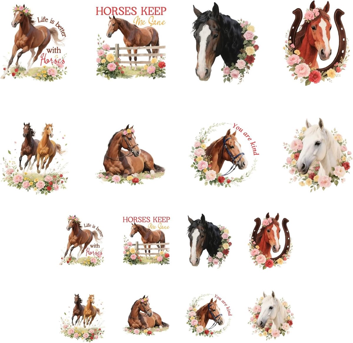 SnelShoppen - Pack van 16 Strijkplaten voor Textiel, Bloemen en Paarden - 6.5 x 8 cm / 18 x 22 cm - DIY Sticker voor Kleding - Snelle en Eenvoudige St