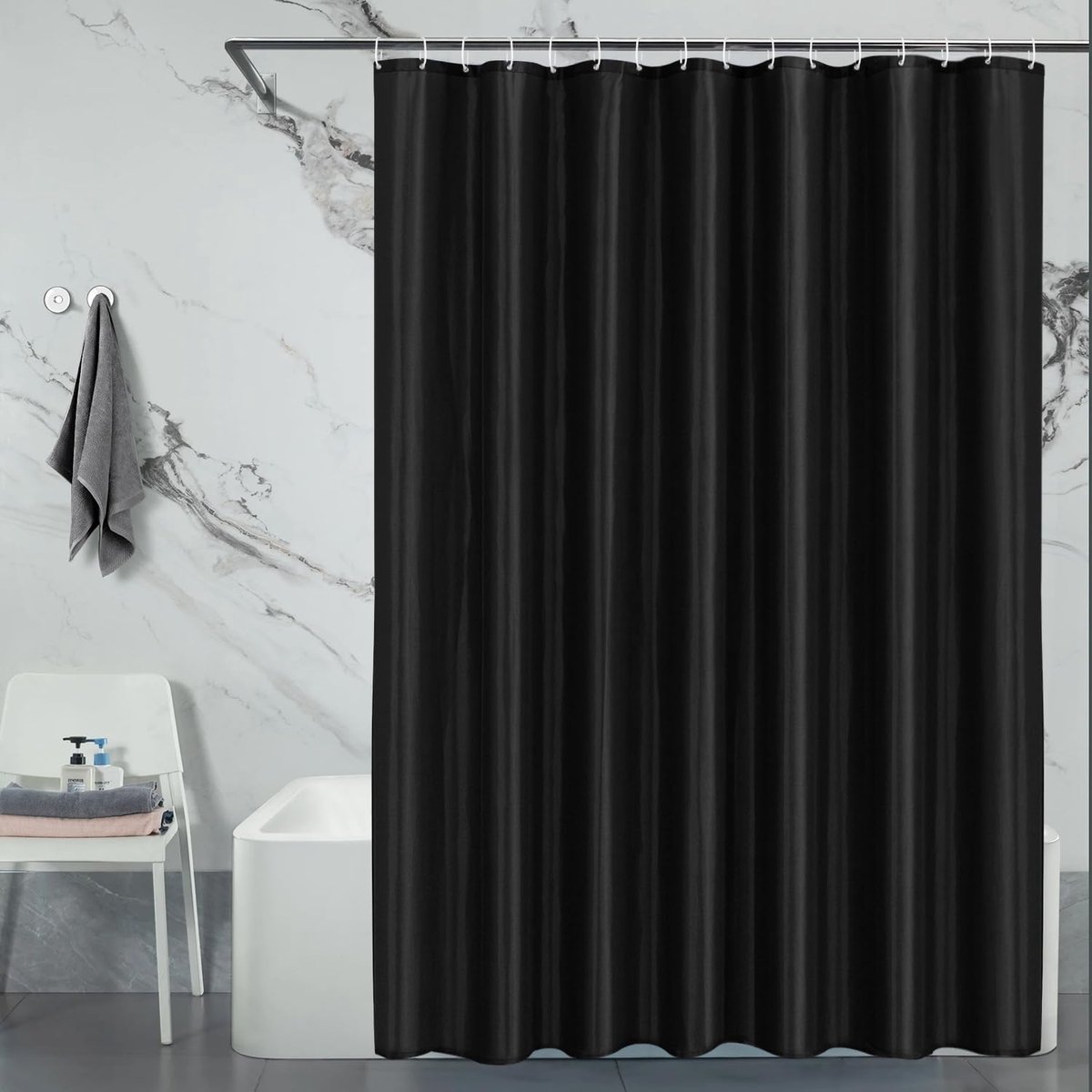 SnelShoppen - 200x240 Badkamer Gordijn Polyester Waterdicht, Douchegordijn Anti-Schimmel met 16 Haken Zwart, Geschikt voor Badkuip en Douche