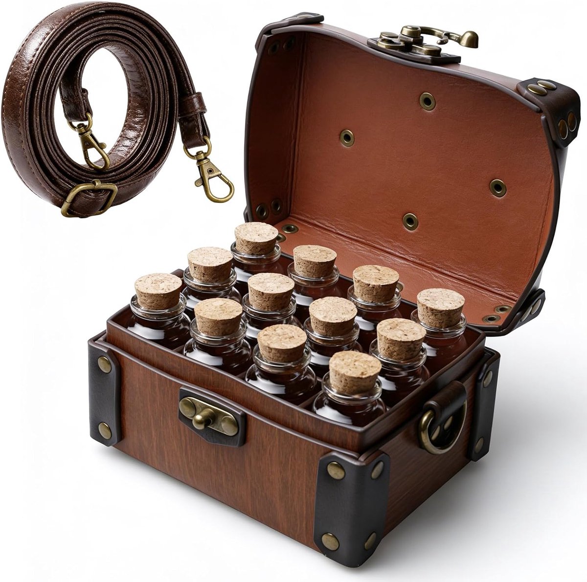 SnelShoppen - Middeleeuwse Faux Leather Alchemist Box met 12 Kurken Elixierflesjes en Verstelbare Schoudertas, Fantasie Sieradenbox voor DnD LARP Rena