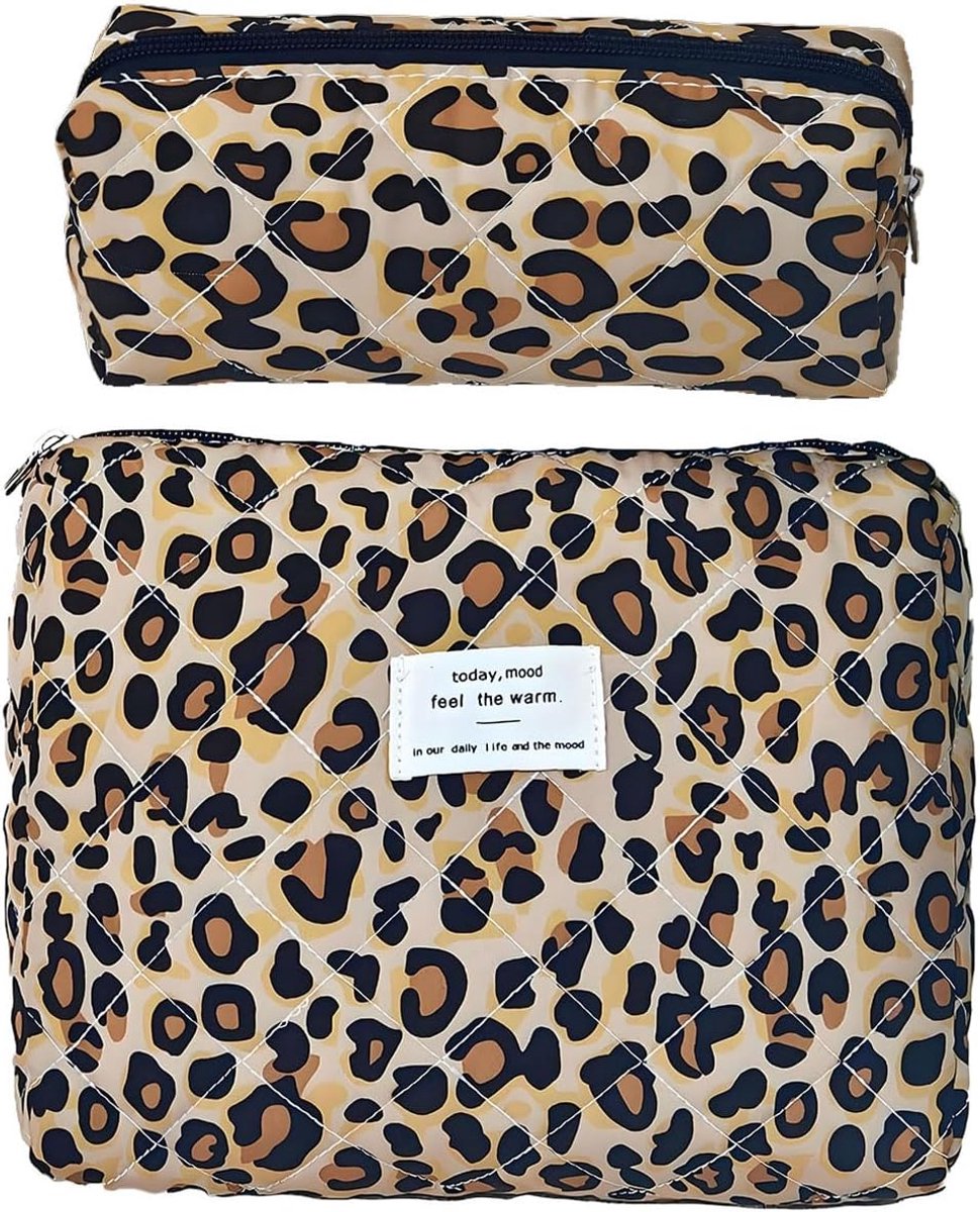 SnelShoppen - 2Pcs Leopard Cosmetic Bag - Make-up Tas Set van Katoen - Reistas voor Vrouwen - Toilettas - Grote en Kleine Organiser voor Cosmetica - T