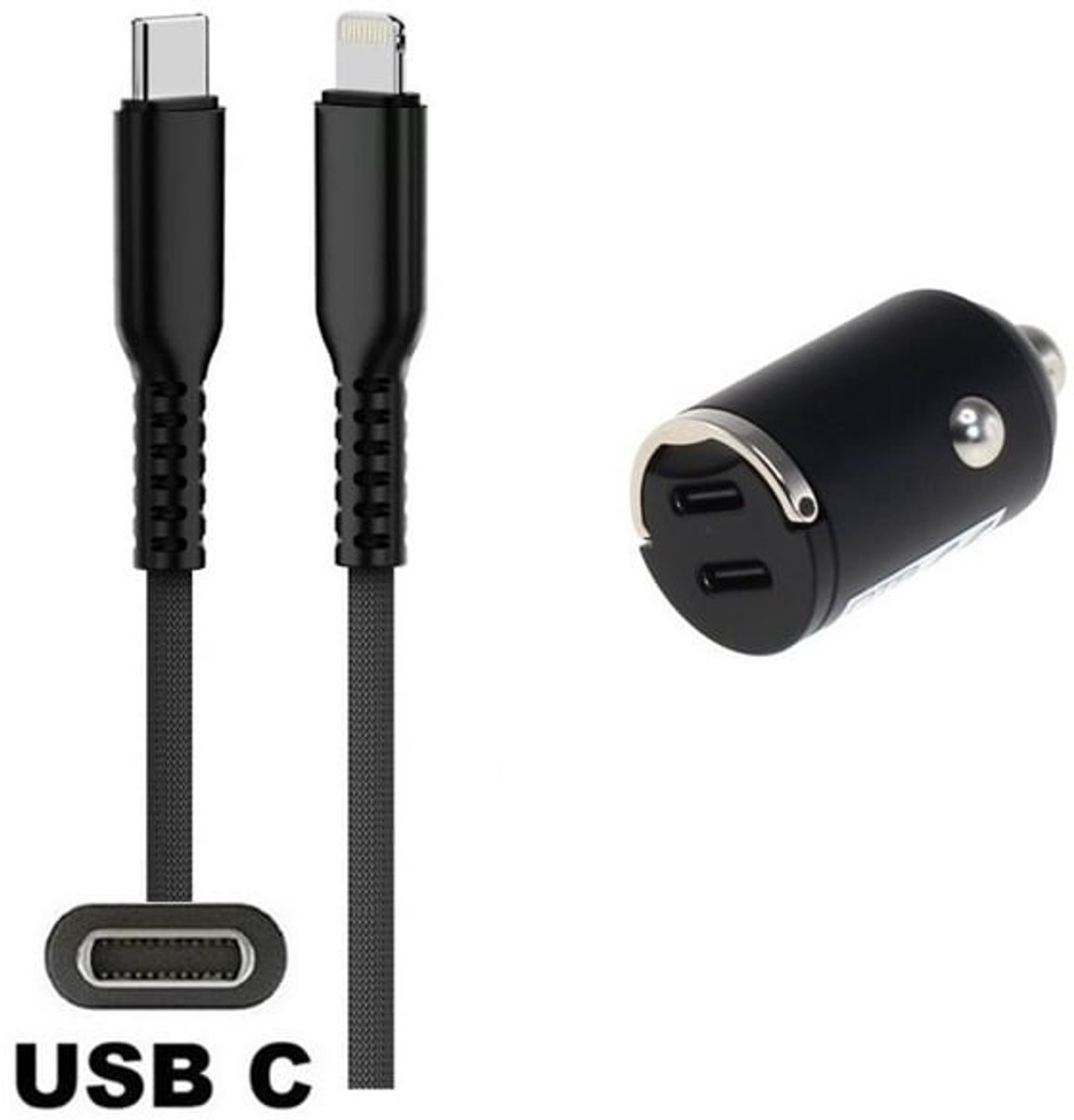 OneOne auto snellader met 2 poorten + 0,2m sterke USB C naar C kabel. 40 Watt (2x 20W) lader. Autolader adapter past op Apple iPhone 11, 11 Pro, 11 Pro Max, iPhone 12, 12 Mini, 12 Pro, 12 Pro Max