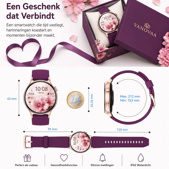 Paarse smartwatch met rosegouden kast, getoond in een geschenkdoos, met maten en functies.