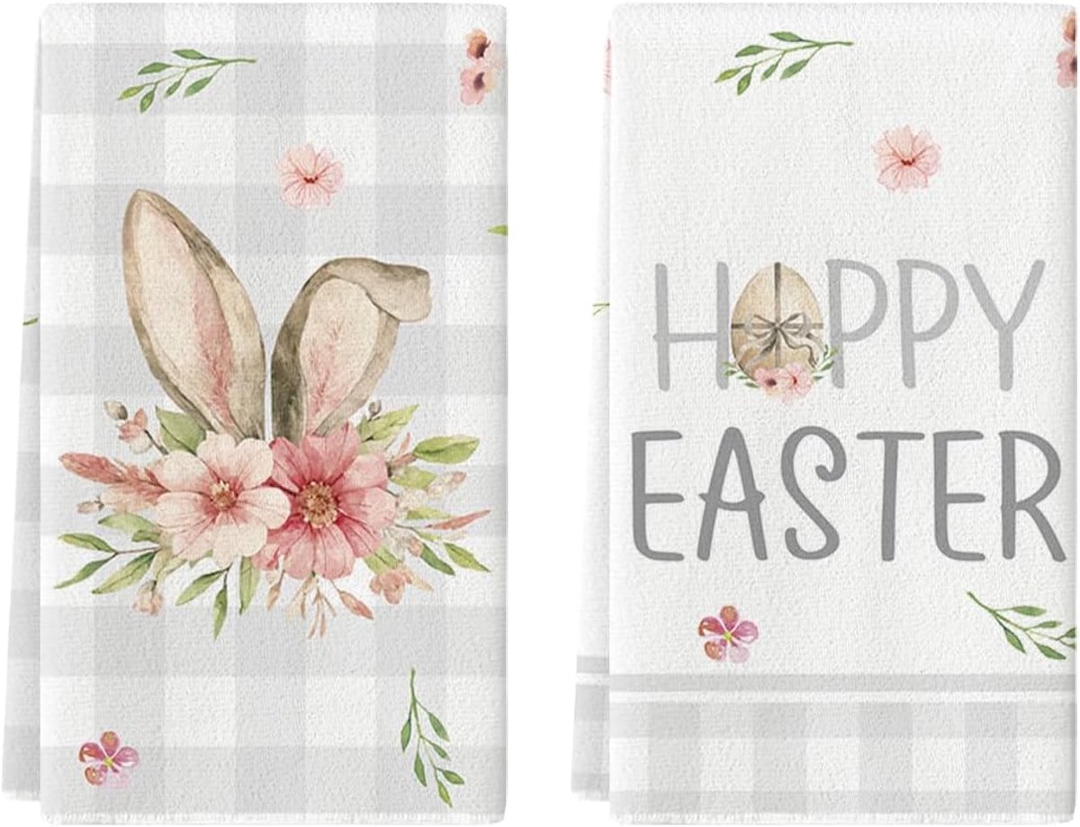 SnelShoppen - Keukenhanddoeken Set van 2 - 42x65 cm - Absorbent, Zacht en Duurzaam - Paasdecoratie met Buffalo Check en Bloemen - Perfect voor Keuken