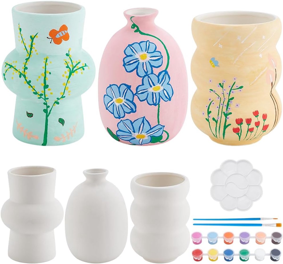 SnelShoppen - 3 Set Schilderen Vaas Set Keramiek Schilderen voor Volwassenen - Maak Je Eigen Vaas - Ongeglazuurde Witte Vazen voor Kunst Schilderfeest